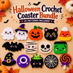 May include: A collection of 14 crocheted Halloween coasters featuring a ghost, witch hat, pumpkin, black cat, candy corn, bat, mummy, skull, Frankenstein monster, wizard hat, cyclops, cauldron, spider web, and lollipop.