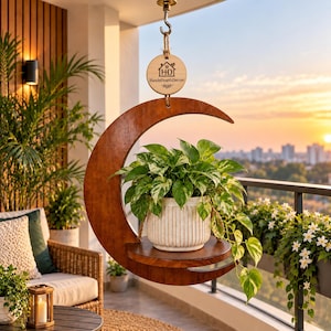 Estante colgante para plantas con forma de luna, soporte de madera para plantas de ventana, soporte para plantas en forma de media luna para macetas de 7,5 a 14 cm, decoración bohemia para el hogar, regalo para jardineros