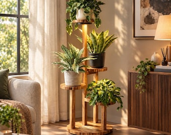 4-stöckiges Pflanzenregal aus Holz mit Pflanzenlampen, hohes Eckregal für mehrere Pflanzen, Pflanzenhalter für drinnen und draußen im Wohnzimmer