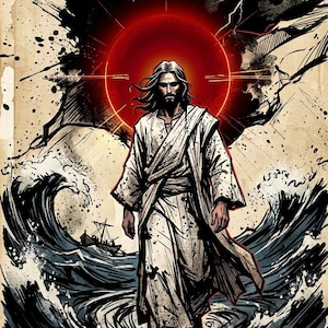 Kunstprint van Jezus die over het water loopt, in graphic novel-stijl, Bijbelse kantoordecoratie (digitale download)