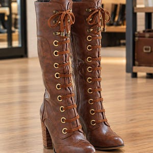 Knee High Lace-Up Boots Brown | Gold Eyelet Combat Boots | Vintage Style Women's Leather