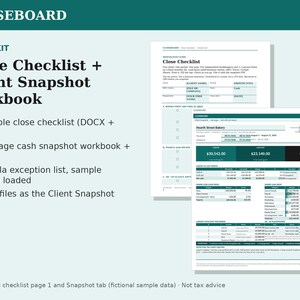 Könnte beinhalten: Ein Closeboard Close Kit mit einer Close Checklist und einem Client Snapshot Workbook. Die Unterlagen enthalten eine druckbare Checkliste in DOCX- und PDF-Formaten, ein einseitiges Cash-Snapshot-Arbeitsbuch mit SOP, eine Formelausnahmeliste und Beispieldaten.