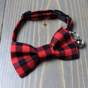 Red and Black Buffalo Plaid Lightweight Fabric Cat Collar with Matching Bow Tie, Breakaway Clasp, Safety Buckle, Adjustable, Bell