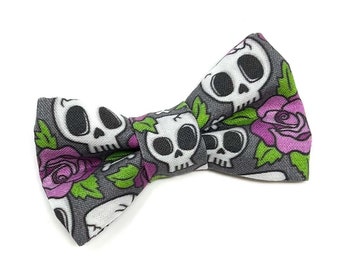 Skulls and Roses, Cat Bow Tie, Dog Bowtie, Slide on Collar Accessory, Handmade in Canada, Collar NOT included, Purple, Halloween