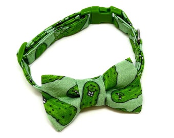 Dill Pickle Lightweight Fabric Cat Collar with Matching Bow Tie, Breakaway Clasp, Safety Buckle, Optional Bell, Pickles, Funny, Food, Green