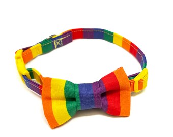 Rainbow Stripes Lightweight Fabric Cat Collar with Matching Bow Tie, Breakaway Clasp, Safety Buckle, Optional Bell