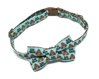 Lil Shit, Lightweight Fabric Cat Collar with Bow Tie, Breakaway Clasp, Safety Buckle, Optional Bell, Poop Emoji, Funny Gift Cat, Handmade