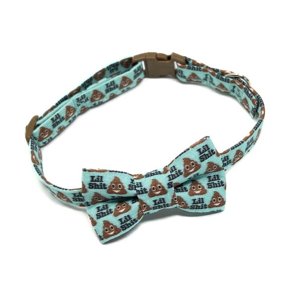 Lil Shit, Lightweight Fabric Cat Collar with Bow Tie, Breakaway Clasp, Safety Buckle, Optional Bell, Poop Emoji, Funny Gift Cat, Handmade