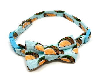 Tacos Lightweight Fabric Cat Collar with Matching Bow Tie, Breakaway Clasp, Safety Buckle, Optional Bell, Taco Tuesday