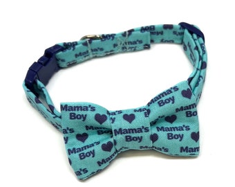 Mama’s Boy, Lightweight Fabric Cat Collar with Bow Tie, Breakaway Clasp, Safety Buckle, Optional Bell, Handmade, Blue, Hearts, Mother’s Day