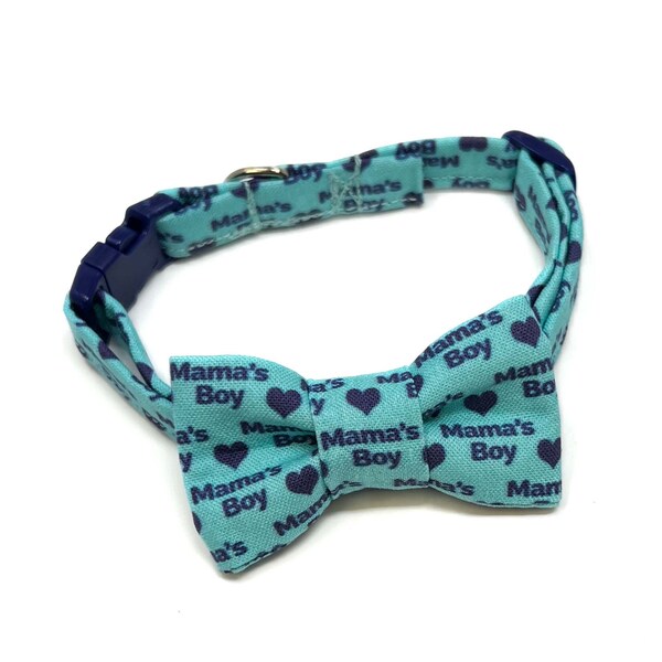 Mama’s Boy, Lightweight Fabric Cat Collar with Bow Tie, Breakaway Clasp, Safety Buckle, Optional Bell, Handmade, Blue, Hearts, Mother’s Day