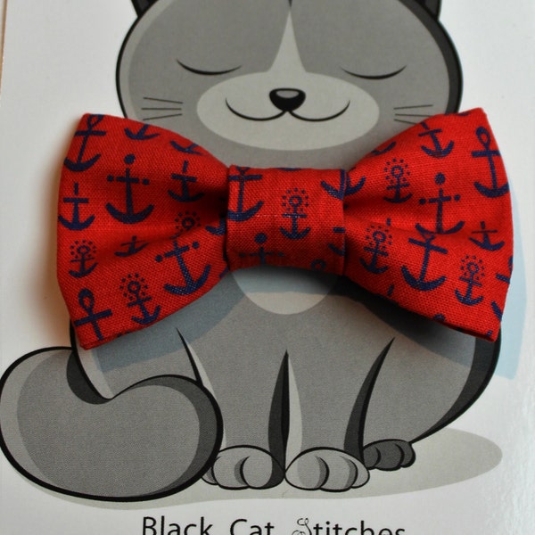 Anchor Bow Tie for Cat, Dog Bow Tie, Collar Accessory, Pet Wardrobe, Handmade in Canada,  Kitty Bow Tie, Summer, Nautical, Navy Blue, Red