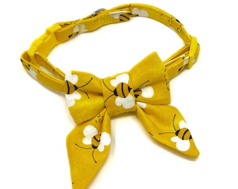 Bee Bow Tie and Collar for Cats, Safety Breakaway, Buckle, Optional Bell, Sailor Style Bow, Yellow, Honey Bee, Bumble Bees, Handmade