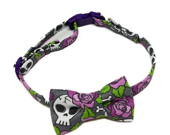 Skulls and Roses Lightweight Fabric Cat Collar with Optional Matching Bow Tie, Breakaway Clasp, Safety Buckle, Bell, Purple, Halloween
