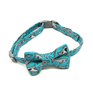 Shark Print Lightweight Fabric Cat Collar with Matching Bow Tie, Breakaway Clasp, Safety Buckle, Optional Bell, Shark Week, Nautical, Ocean