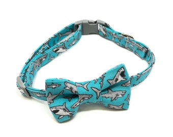 Shark Print Lightweight Fabric Cat Collar with Matching Bow Tie, Breakaway Clasp, Safety Buckle, Optional Bell, Shark Week, Nautical, Ocean