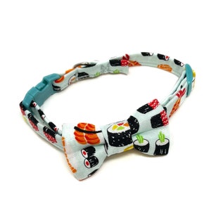 Sushi Print Lightweight Fabric Cat Collar with Optional Matching Bow Tie, Breakaway Clasp, Safety Buckle, Optional Bell, Sashimi, Food