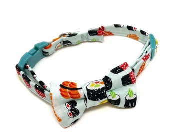 Sushi Print Lightweight Fabric Cat Collar with Optional Matching Bow Tie, Breakaway Clasp, Safety Buckle, Optional Bell, Sashimi, Food