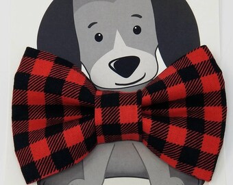 Buffalo Plaid Large Dog Bow Tie, Slip On Collar Accessory, Collar NOT included, Handmade in Canada, Red and Black Checks, Checkered
