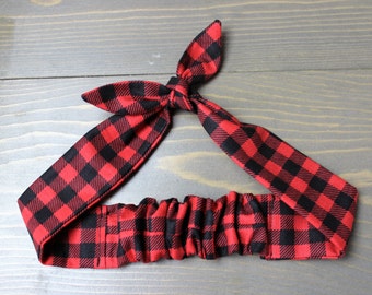 Buffalo Plaid Knotted Hair Tie, Adjustable Headband, Rosie Wrap, Bandana, Photo Prop, Rockabilly, Red and Black Checks, Handmade in Canada