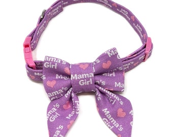 Mama’s Girl Bow Tie and Collar for Cats, Safety Breakaway, Buckle, Optional Bell, Sailor Style Bow, Mother’s Day, Purple, Pink, Hearts