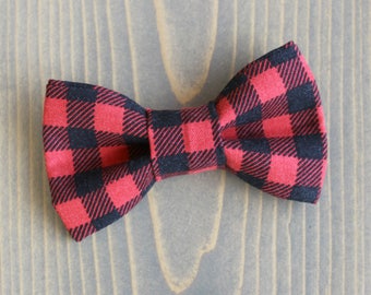 Buffalo Plaid Bow Tie for Cat, Dog Bowtie, Slides onto Collar, Collar NOT Included, Checks, Red and Black, Lumberjack, Outdoor Pet, Handmade