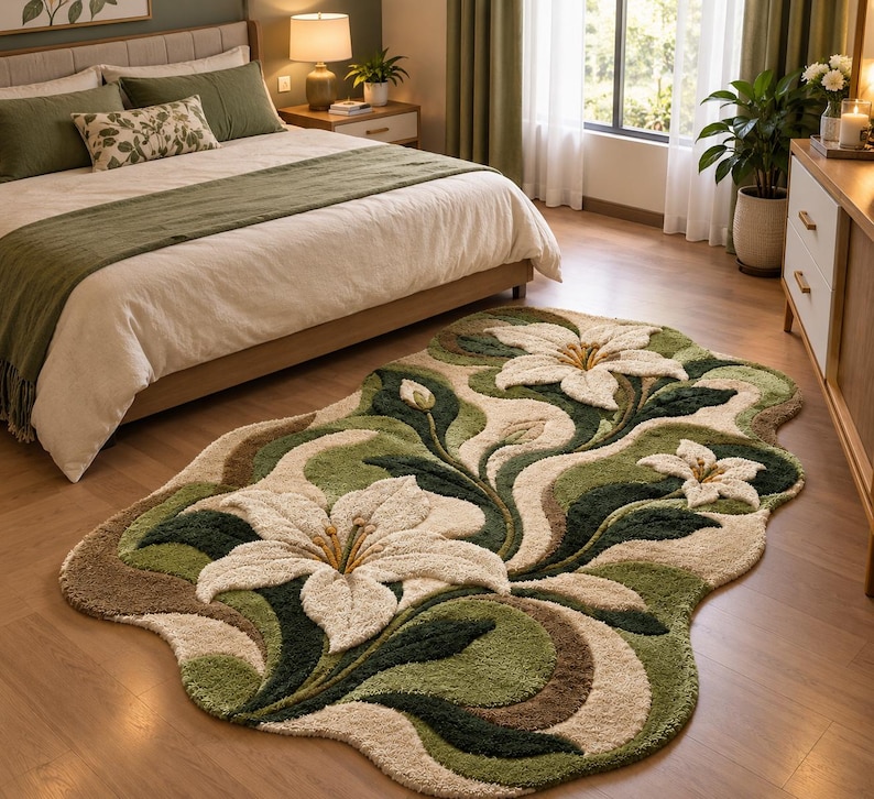 Hand Tufted Floral Area Rug, Botanical Leaf Rug, Cozy Bedroom Living ...