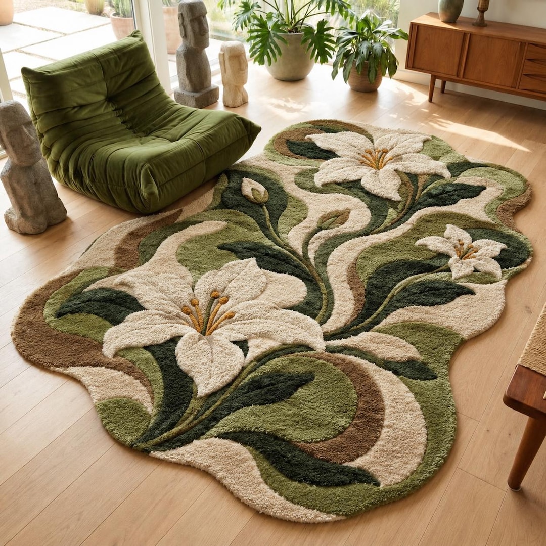 Hand Tufted Floral Area Rug, Botanical Leaf Rug, Cozy Bedroom Living ...