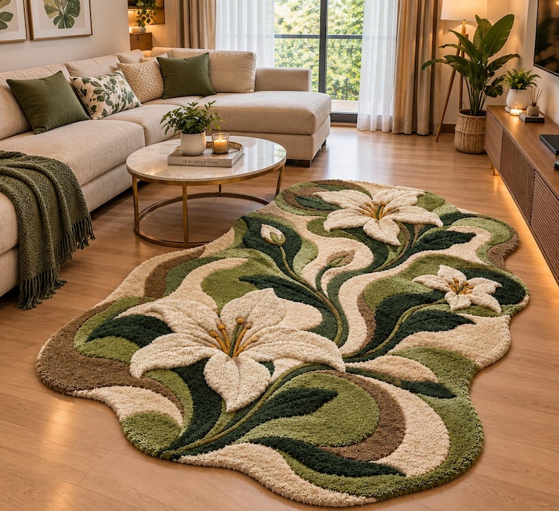 Hand Tufted Floral Area Rug, Botanical Leaf Rug, Cozy Bedroom Living ...