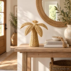 Handwoven Palm Tree Statue, Boho Seagrass Decor, Earthy Home Accent (9.84in)