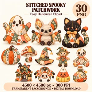 Halloween PNG Clipart, sydda läskiga lapptäcken, 30 mysiga quilt-, virkade och plyschbilder