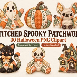 Può includere: Una collezione di illustrazioni digitali con disegni patchwork cuciti di un fantasma, zucca, pipistrello, gatto nero, scheletro e casa. Il testo recita STITCHED SPOOKY PATCHWORK 30 Halloween PNG Clipart, Transparent Background, Instant Download.