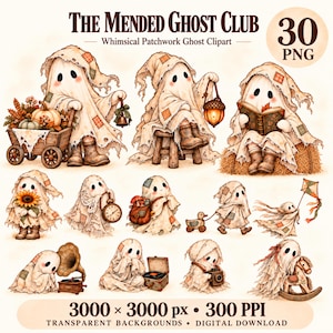 Ghost Clipart Bundle 30 Whimsical Patchwork PNGs with Transparent Backgrounds