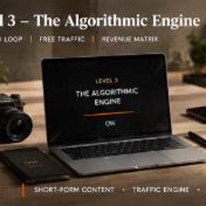 May include: A laptop screen displays the text Level 3 The Algorithmic Engine, with a camera, a smartphone, and a stylus nearby. The screen also shows the text 7-Second Loop, Free Traffic, Revenue Matrix, Short-Form Content, Traffic Engine, and Sales.