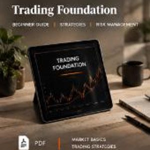 May include: A digital tablet displaying the text Trading Foundation and a financial line graph on its screen. The screen also shows the words Beginner Guide, Strategies, and Risk Management. A PDF icon is visible with the text Market Basics and Trading Strategies.