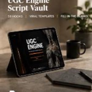 May include: A digital tablet displaying the title UGC Engine Script Vault with the text 50 Hooks, Viral Templates, and Fill-in-the-Blanks. The screen shows the UGC Engine logo and a graphic of a person holding a smartphone.
