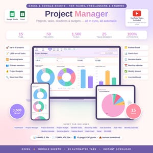 Peut inclure: Un modèle de gestion de projet numérique pour Excel et Google Sheets avec un ordinateur portable, un smartphone et une tablette affichant des tableaux de bord avec des graphiques. Inclut des étiquettes pour 15 onglets, 50 projets et 1 500 tâches.