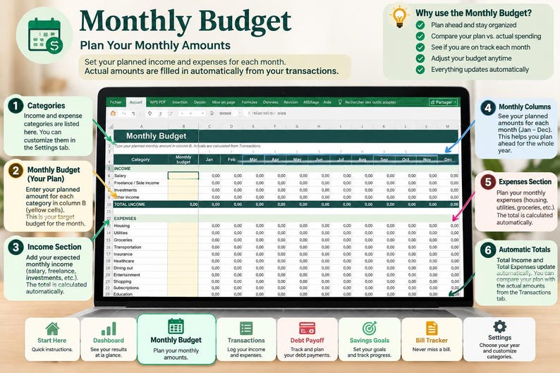 2027 Budget Planner Excel Spreadsheet | Monthly Budget, Expense Tracker ...