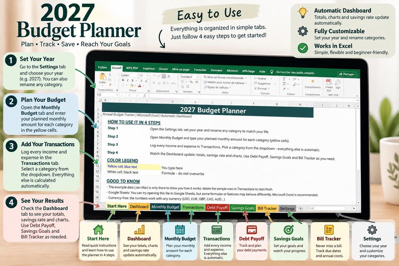 2027 Budget Planner Excel Spreadsheet | Monthly Budget, Expense Tracker ...