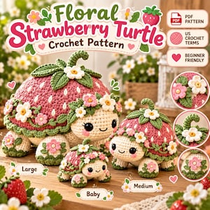 May include: A crochet pattern for a strawberry turtle in large, medium, and baby sizes. The turtles feature pink strawberry-patterned shells with green leaves, white and pink flowers, and cream-coloured heads with black eyes and pink cheeks.