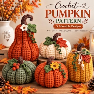 Virkat pumpamönster PDF, höstdekor utan sömnad, 5 pumpamönster, höstheminredning, amigurumipumpa, direktnedladdning för hantverkare