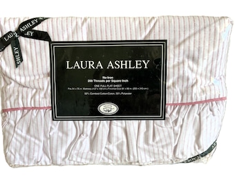 Sábana encimera vintage Laura Ashley tamaño matrimonial, volante de rayas rosas - NOS