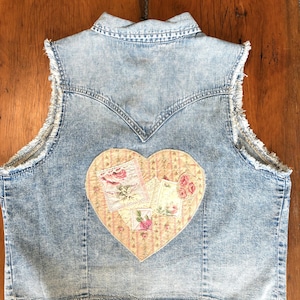 Upcycled Wrangler Denim Vest – Heart Patch, Cottagecore Shabby Chic Fabrics