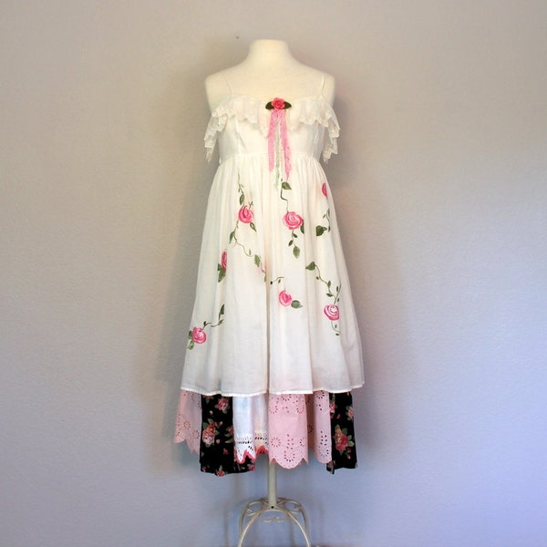 RESERVED Women's Hand Painted Shabby Romantic Clothing - Gypsy Praire Chic Clothes - Upcycled Dress - Garden Party Wedding - Altered Couture