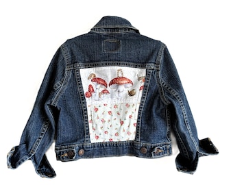 Kids Upcycled Levi's Denim Jacket / Woodland Mushroom Fabric / Size S