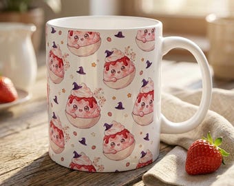 Halloween Strawberry Bingsu Mug, Kawaii Dessert Mug, Cute Halloween Gift, Spooky Cute Mug Gift, Foodie Gift for Her, 11oz Ceramic Mug