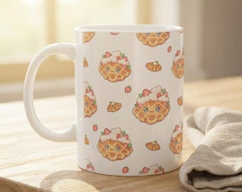 Strawberry Croffle Mug, Kawaii Waffle Mug, Cute Coffee Mug Gift, Aesthetic Kitchen Decor, Foodie Gift for Her, 11oz Ceramic Mug
