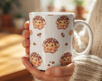 Chocolate Hazelnut Croffle Mug, Kawaii Waffle Mug, Cute Coffee Mug Gift, Aesthetic Kitchen Decor, Foodie Gift for Her, 11oz Ceramic Mug