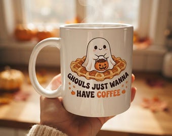 Ghouls Just Wanna Have Coffee Mug, Kawaii Ghost Mug, Funny Halloween Gift, Sweater Weather Mug, Foodie Gift for Her, 11oz Ceramic Mug