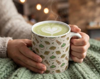 Matcha Sweets Croffle Mug, Kawaii Waffle Mug, Cute Coffee Mug Gift, Aesthetic Kitchen Decor, Foodie Gift for Her, 11oz Ceramic Mug